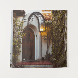CLOSED BROWN WOODEN DOOR DURING DAYTIME TAPESTRY