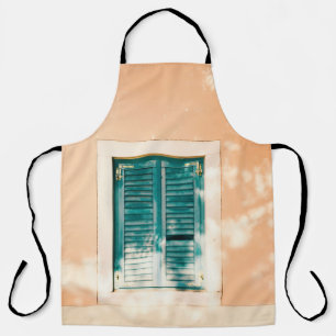 Closed green wooden door apron