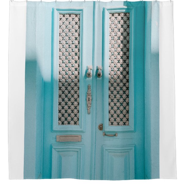 CLOSED TEAL FRENCH DOORS SHOWER CURTAIN (Front)
