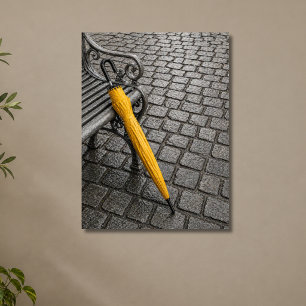 Closed Yellow Umbrella Beside Park Bench Poster