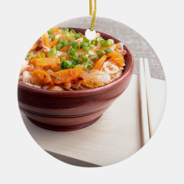 Closeup Asian food of rice noodles and vegetables Ceramic Tree Decoration (Front)