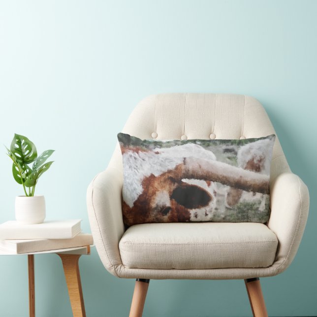 Closeup Impressionist Painted Longhorn Lumbar Cushion (Chair)
