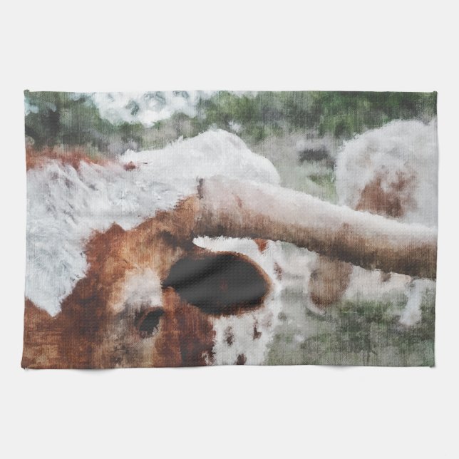 Closeup Impressionist Painted Longhorn Tea Towel (Horizontal)