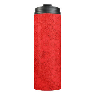 Closeup of fine elegant red lace texture with seam thermal tumbler