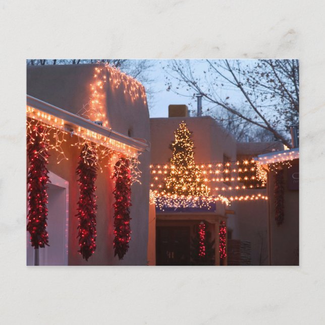 Closeup of holiday lights on building postcard (Front)