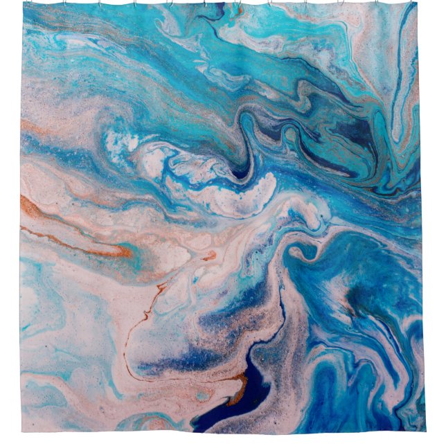 Closeup of mixed blue and white abstract marble te shower curtain (Front)