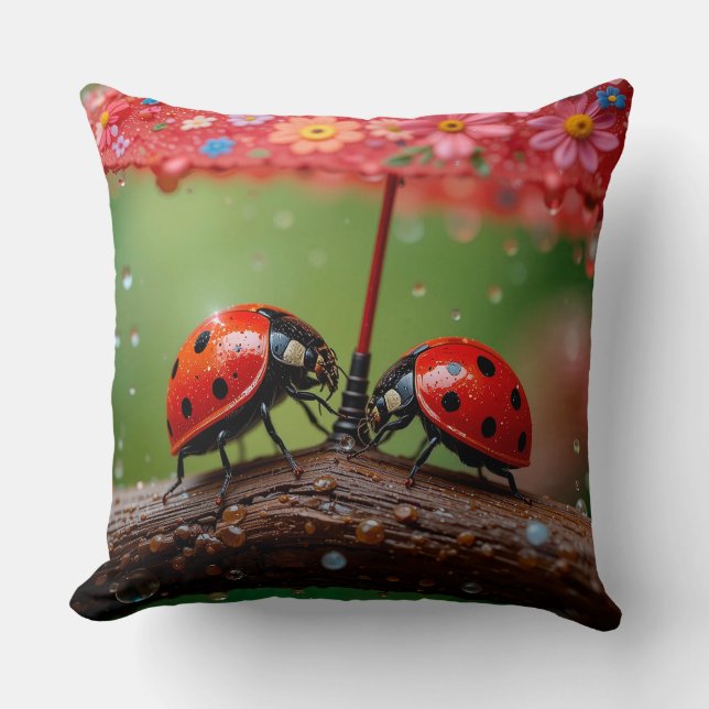 Closeup of Two Ladybugs Sharing a Raindrop Cushion (Front)
