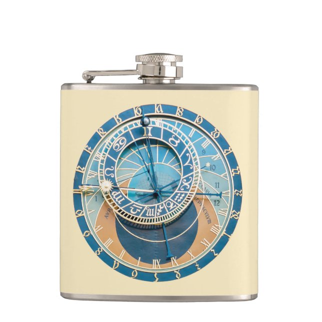 Closeup on Prague Astronomical Clock, Czech R. Hip Flask (Front)