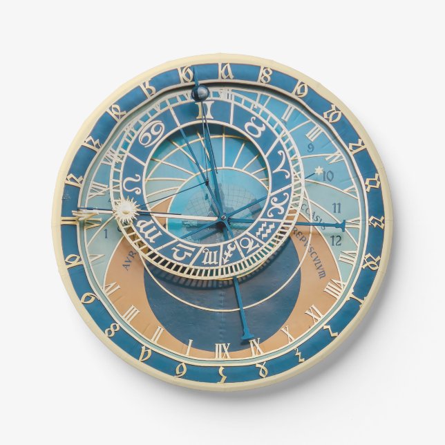 Closeup on Prague Astronomical Clock, Czech R. Paper Plate (Front)