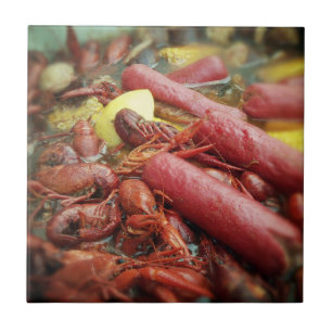 Closeup Photo of Boiled Crawfish and Sausage Tile