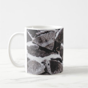Closeup photo of firewood stack coffee mug