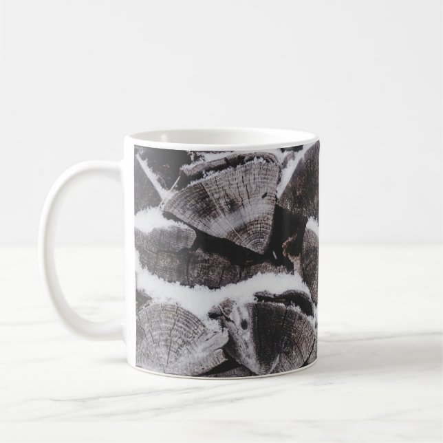 Closeup photo of firewood stack coffee mug (Left)