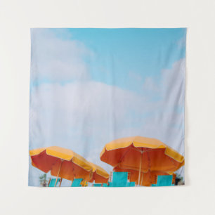 Closeup photo of lounger chairs and beach umbrella tapestry