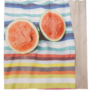 Closeup photo of slice watermelon fruits on cloth shower curtain