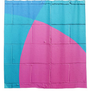 Closeup photo of teal and pink wall shower curtain
