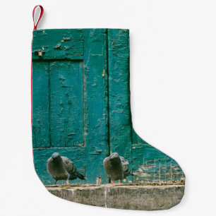CLOSEUP PHOTO OF TWO GRAY PIGEONS ON GRAY CONCRETE SMALL CHRISTMAS STOCKING