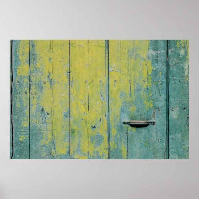 Closeup photo of yellow and teal wooden board poster (Front)