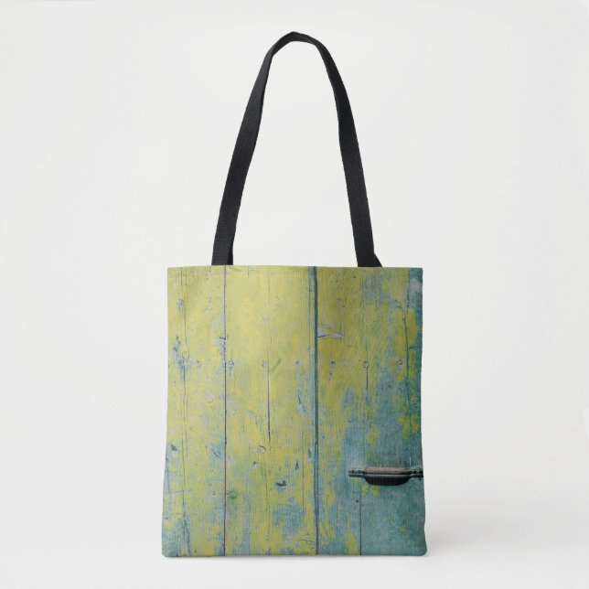 Closeup photo of yellow and teal wooden board tote bag (Front)