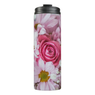 CLOSEUP PHOTOGRAPHY OF PINK ROSE THERMAL TUMBLER