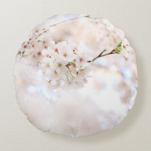 CLOSEUP PHOTOGRAPHY WHITE CHERRY BLOSSOMS ROUND CUSHION