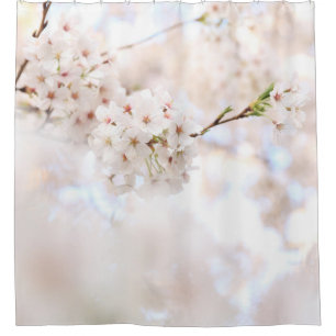 CLOSEUP PHOTOGRAPHY WHITE CHERRY BLOSSOMS SHOWER CURTAIN