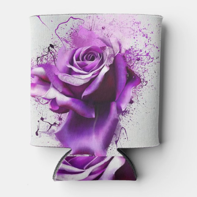 Closeup purple rose, sketch, spray paint. can cooler (Front)