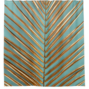 Closeup view of gold painted natural tropical date shower curtain