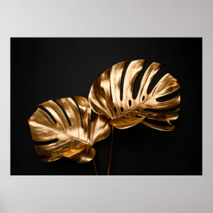 Closeup view of natural gold painted monstera trop poster