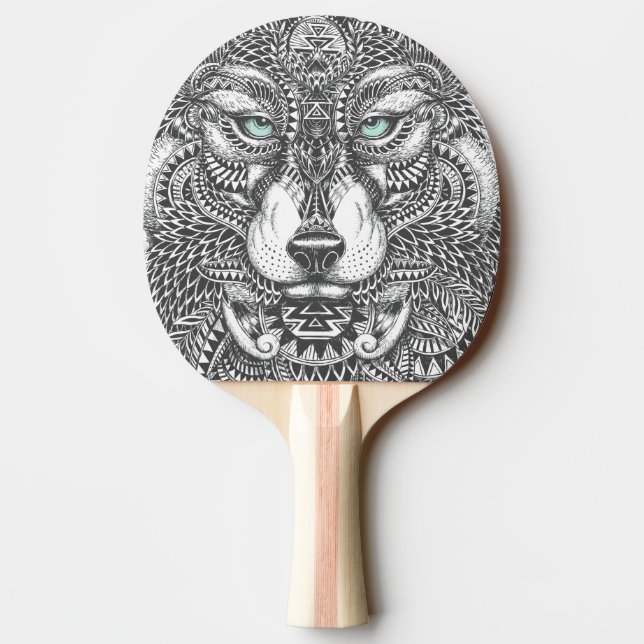 Closeup Wolf Face Ornate Illustration Ping Pong Paddle (Back)