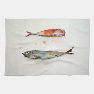 Cloth of kitchen with fish in watercolor
