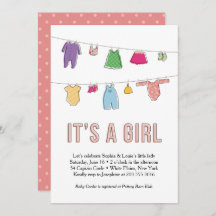 Clothes Line Baby Shower Invitation, Girl