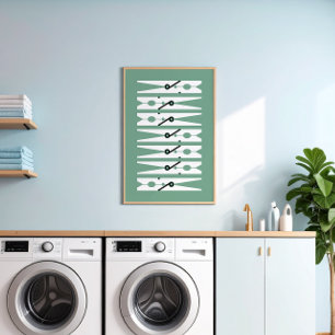 Clothes Pins Black White Green Laundry Room Art Poster