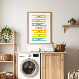 Clothes Pins Retro Colour Laundry Room Art Poster