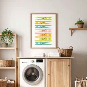 Clothes Pins Retro Colour Laundry Room Art Poster