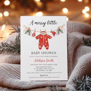 Clothes Red Merry Little Baby Shower Baby Shower Invitation