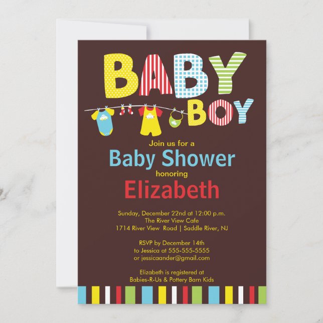 Clothesline Baby Boy Baby Shower Invitations (Front)