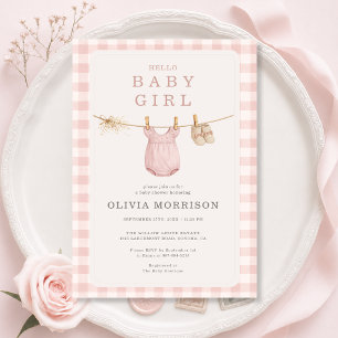 Clothesline Baby Girl Blush Pink Baby Shower Invitation
