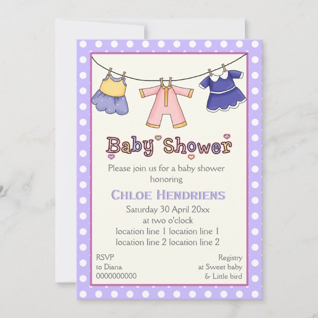 Clothesline baby girl shower personalised invitation (Front)