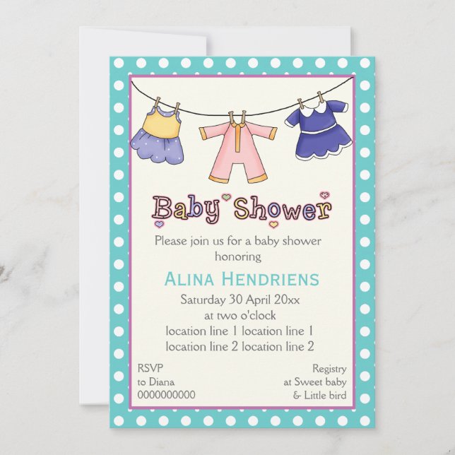 Clothesline baby girl shower personalised invitation (Front)