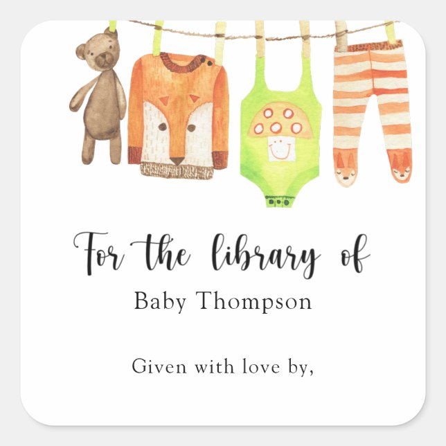 Clothesline Baby Shower bookplate, books for baby Square Sticker (Front)