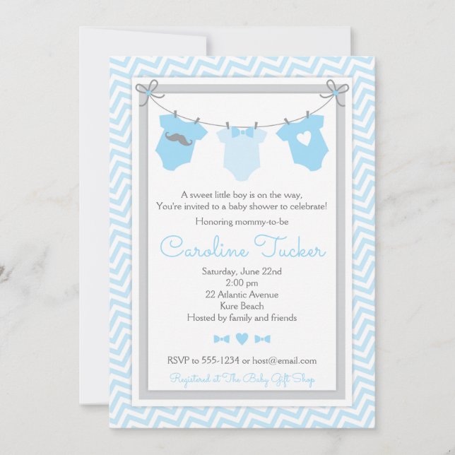 Clothesline Baby Shower Invitation blue and grey (Front)
