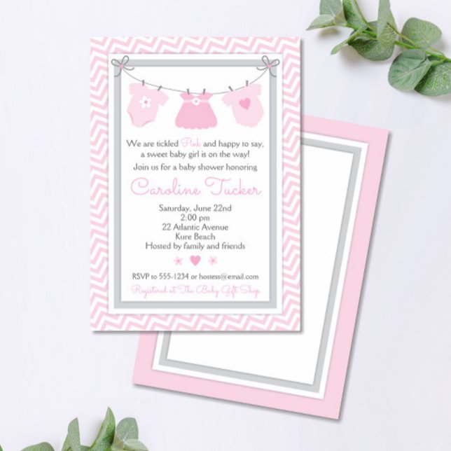 Clothesline Baby Shower Invitation pink and grey (Pink Clothesline with Baby Clothes Baby Girl Shower Invitation)