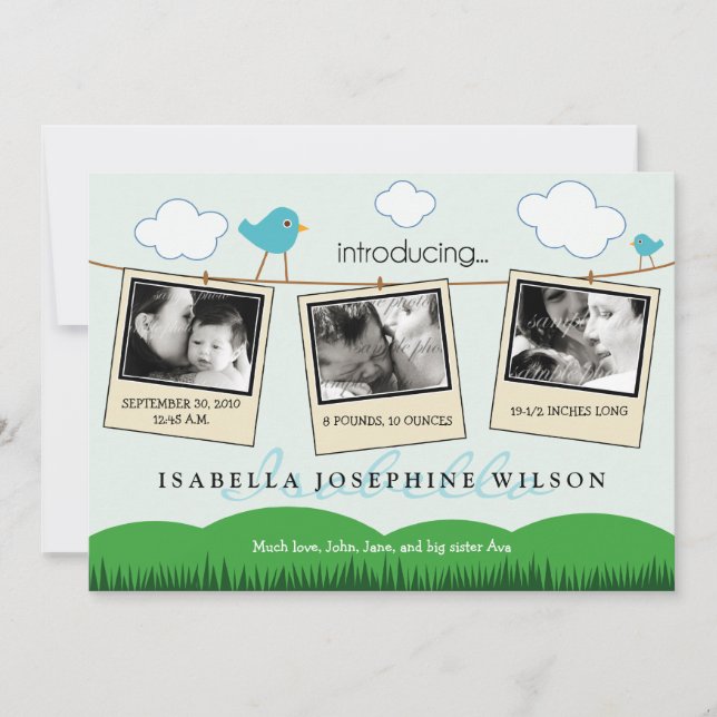 Clothesline Birth Announcement (blue) (Front)