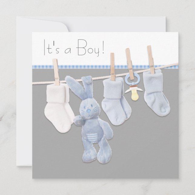 Clothesline Blue and Grey Baby Boy Shower Invitation (Front)