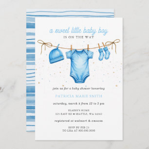 Clothesline Blue Boy Baby Shower Invitation