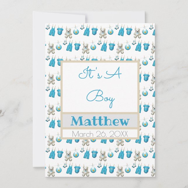 Clothesline Boy Name Photo Flat Announcement Card (Front)