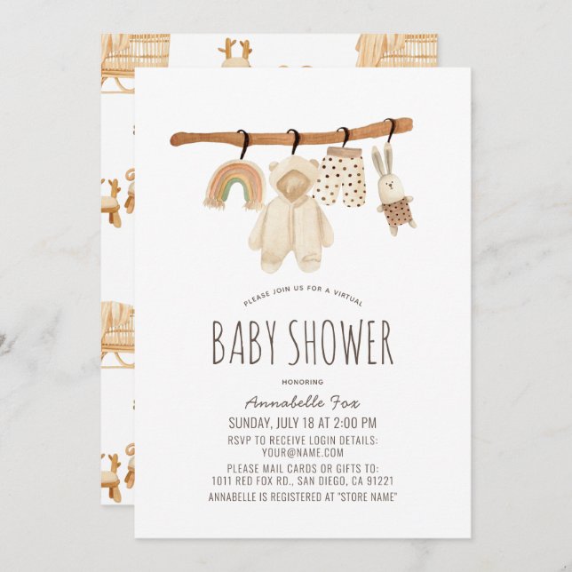 Clothesline Gender Neutral Virtual Baby Shower Invitation (Front/Back)