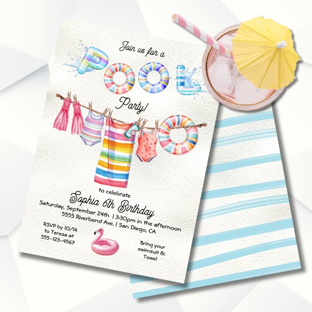 Clothesline Girl Pool Party Birthday Invitation (Creator Uploaded)