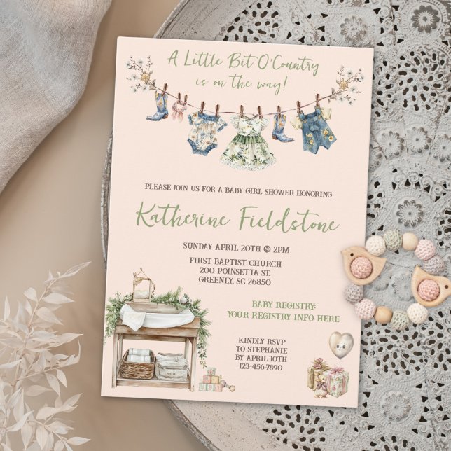 Clothesline Little Bit Of Country Baby Girl Shower Invitation (Creator Uploaded)