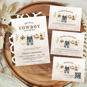 Clothesline Little Cowboy Cow Print Baby Shower Invitation